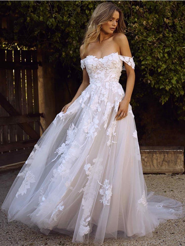 Gorgeous Long A-line Off the Shoulder Open Back Appliques Tulle Wedding Dresses-showprettydress