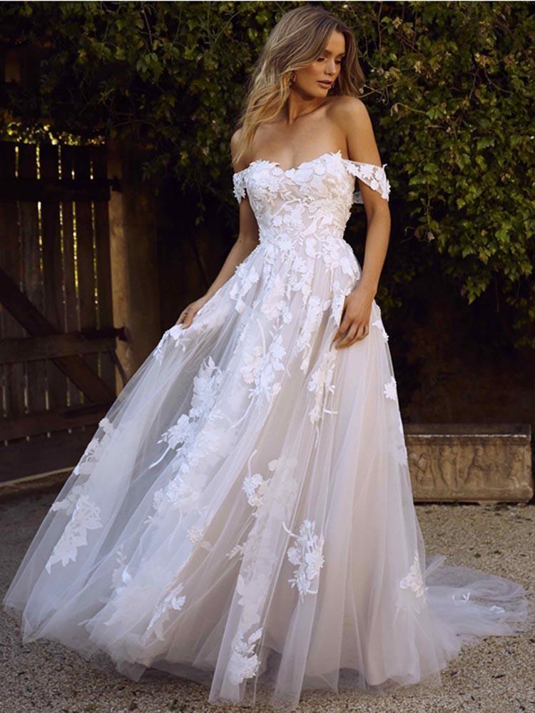 Gorgeous Long A-line Off the Shoulder Open Back Appliques Tulle Wedding Dresses-showprettydress
