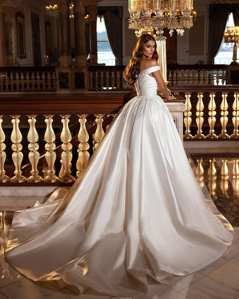 Gorgeous Long A-Line Off-the-shoulder Sweetheart Backless Satin Wedding Dress-showprettydress