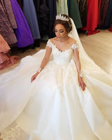 Gorgeous Long A-line Off-the-shoulder Wedding Dresses with Sleeves-showprettydress