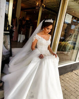 Gorgeous Long A-line Off-the-shoulder Wedding Dresses with Sleeves-showprettydress