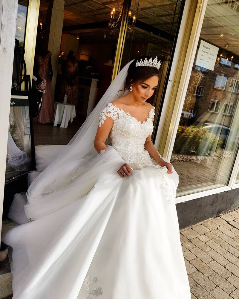 Gorgeous Long A-line Off-the-shoulder Wedding Dresses with Sleeves-showprettydress