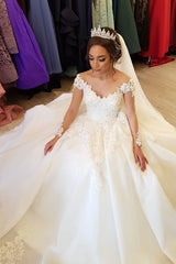 Gorgeous Long A-line Off-the-shoulder Wedding Dresses with Sleeves-showprettydress
