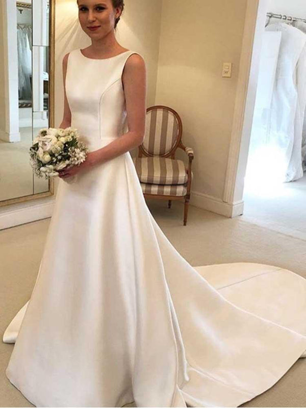 Gorgeous Long A-line Satin Backless Wedding Dresses-showprettydress