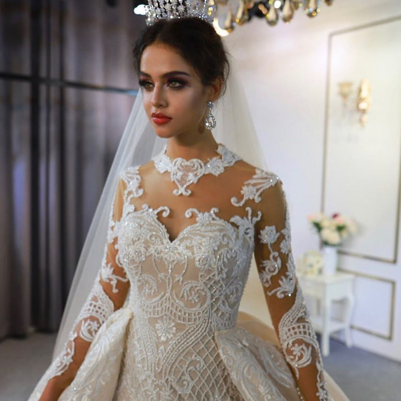 Gorgeous Long A-Line Sweetheart Appliques Lace Wedding Dress with Sleeves-showprettydress