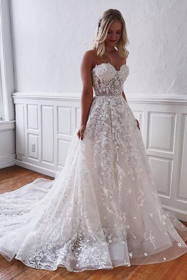 Gorgeous Long A-line Sweetheart Lace Wedding Dress-showprettydress