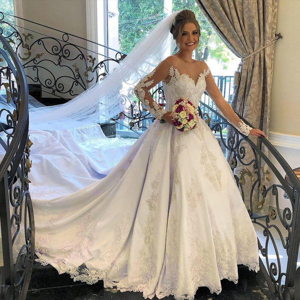 Gorgeous Long A-line Sweetheart Satin Lace Tulle Wedding Dress with sleeves-showprettydress