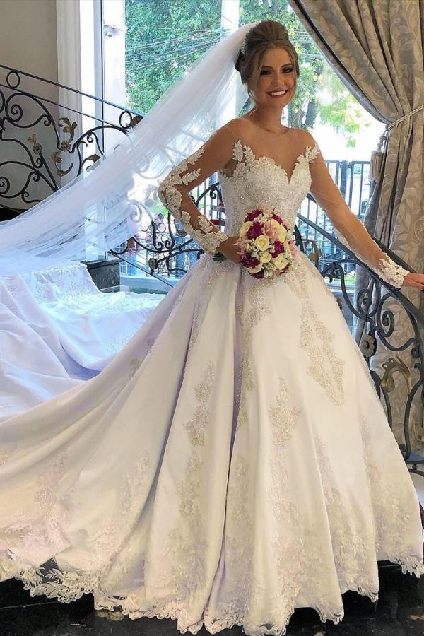Gorgeous Long A-line Sweetheart Satin Lace Tulle Wedding Dress with sleeves-showprettydress