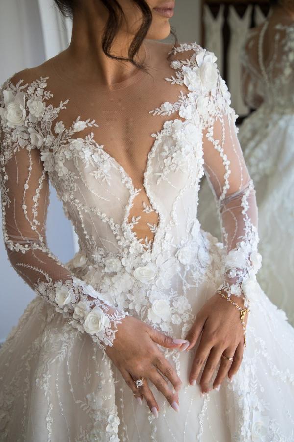Gorgeous Long A-line Sweetheart Tulle Lace Open Back Wedding Dress with sleeves-showprettydress