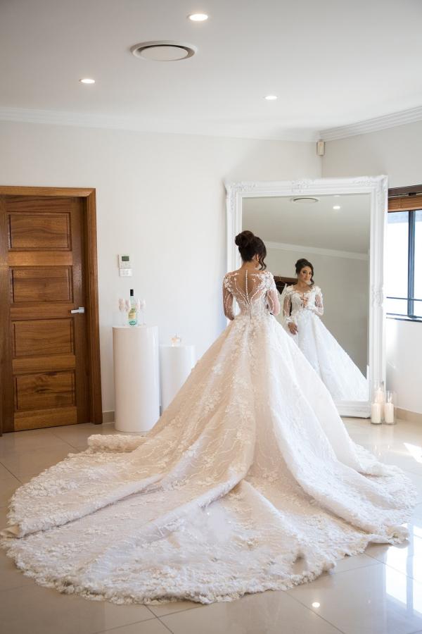 Gorgeous Long A-line Sweetheart Tulle Lace Open Back Wedding Dress with sleeves-showprettydress