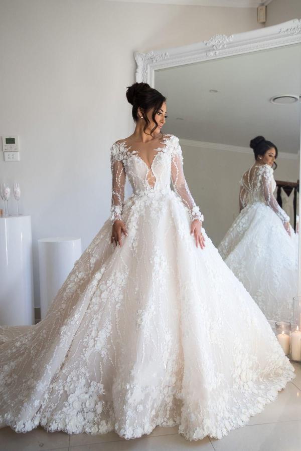 Gorgeous Long A-line Sweetheart Tulle Lace Open Back Wedding Dress with sleeves-showprettydress