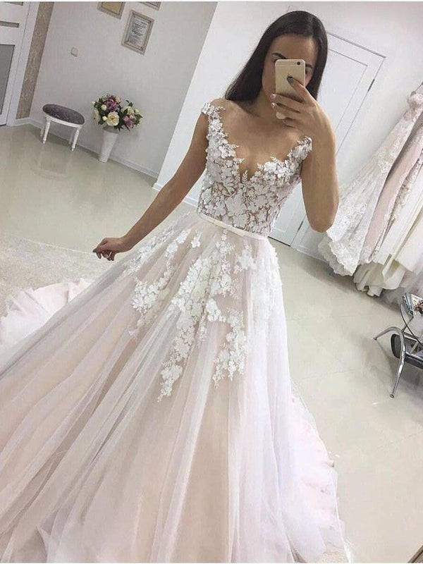 Gorgeous Long A-line Sweetheart Tulle Lace Wedding Dress-showprettydress