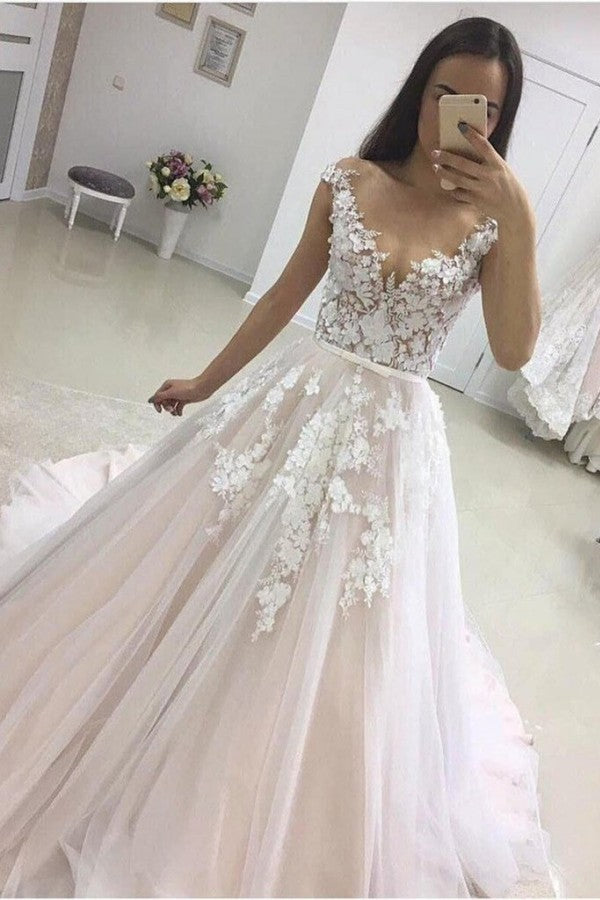 Gorgeous Long A-line Sweetheart Tulle Lace Wedding Dress-showprettydress