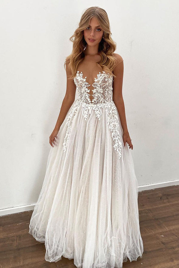 Gorgeous Long A-line Tulle Appliques Lace Wedding Dress-showprettydress