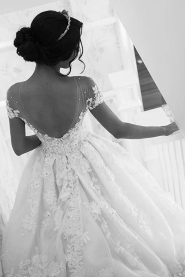 Gorgeous Long A-line Tulle Jewel Beading Appliques Lace Backless Wedding Dresses-showprettydress