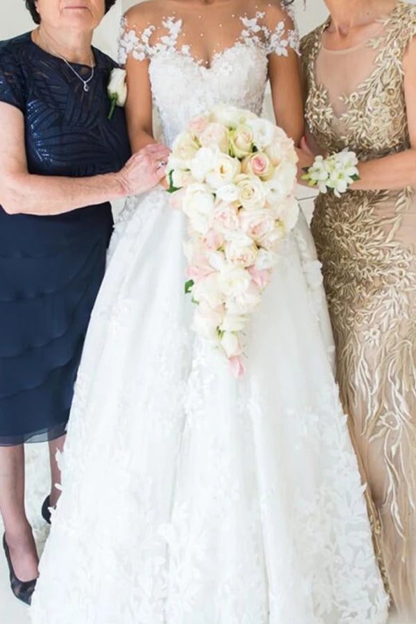 Gorgeous Long A-line Tulle Jewel Beading Appliques Lace Backless Wedding Dresses-showprettydress
