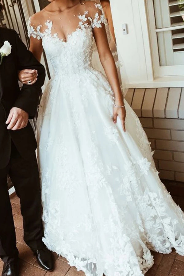 Gorgeous Long A-line Tulle Jewel Beading Appliques Lace Backless Wedding Dresses-showprettydress
