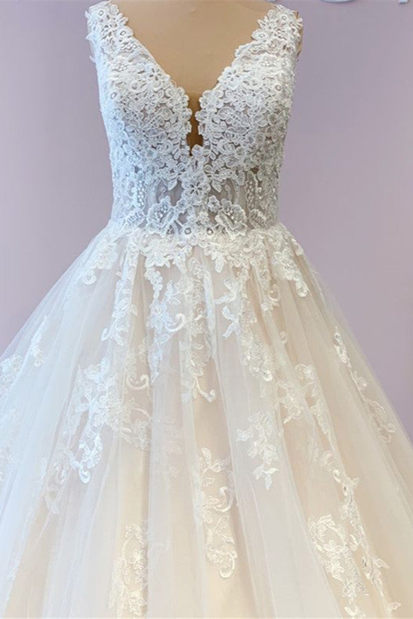 Gorgeous Long A-Line Tulle Wedding Dress With Appliques Lace-showprettydress