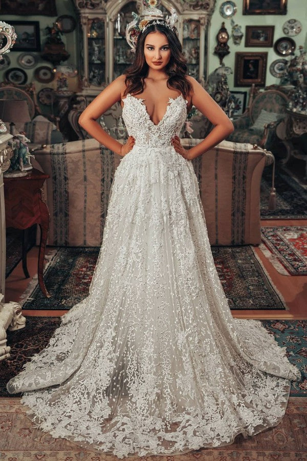 Gorgeous Long A-line V-neck 3D Floral Lace Wedding Dress-showprettydress