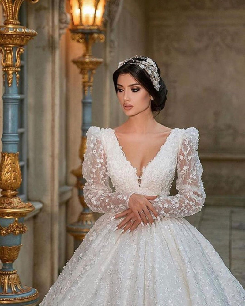 Gorgeous Long A-Line V-neck Appliques Lace Wedding Dress with Sleeves-showprettydress