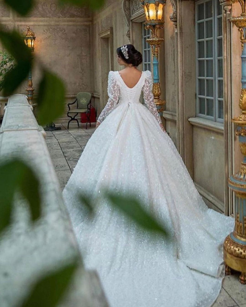 Gorgeous Long A-Line V-neck Appliques Lace Wedding Dress with Sleeves-showprettydress