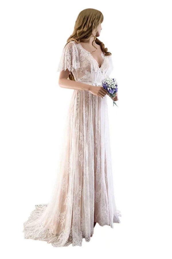 Gorgeous Long A-line V-Neck Lace Wedding Dresses with Cap Sleeves-showprettydress