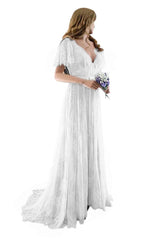 Gorgeous Long A-line V-Neck Lace Wedding Dresses with Cap Sleeves-showprettydress