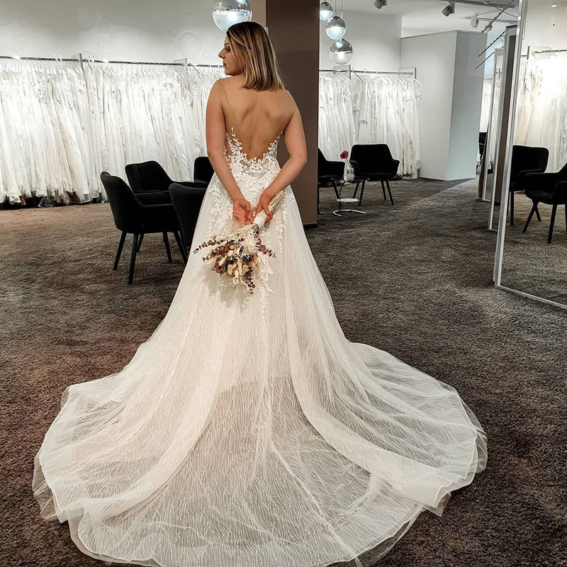 Gorgeous Long A-line V-neck Tulle Lace Backless Wedding Dress-showprettydress