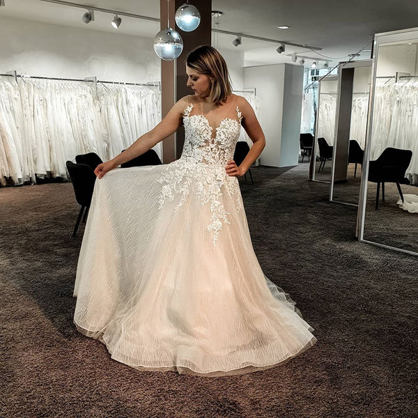Gorgeous Long A-line V-neck Tulle Lace Backless Wedding Dress-showprettydress