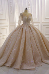 Gorgeous Long Ball Gown Bateau Crystal Wedding Dress with Sleeves-showprettydress