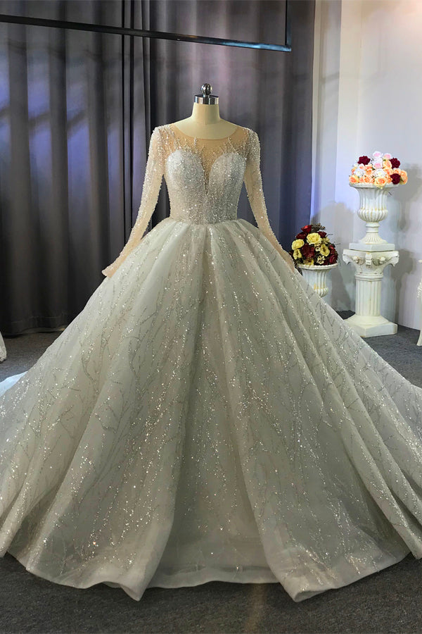Gorgeous Long Ball Gown Bateau Crystal Wedding Dress with Sleeves-showprettydress