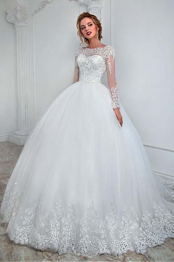 Gorgeous Long Ball Gown Jewel Tulle Lace Wedding Dress with Sleeves-showprettydress