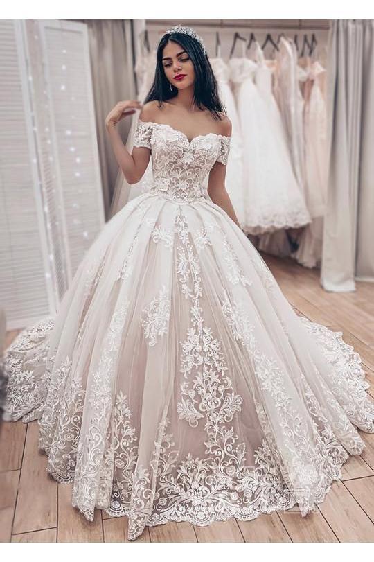 Gorgeous Long Ball Gown Off the Shoulder Lace Appliques Wedding Dress-showprettydress