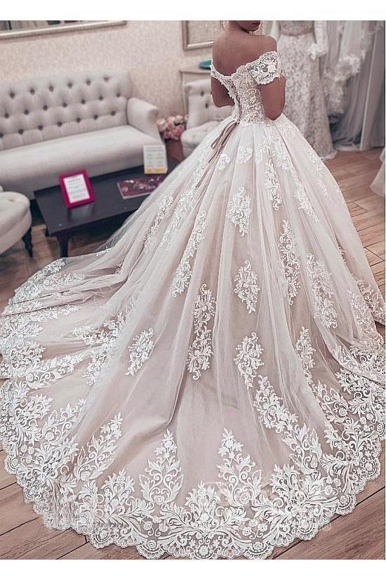 Gorgeous Long Ball Gown Off the Shoulder Lace Appliques Wedding Dress-showprettydress