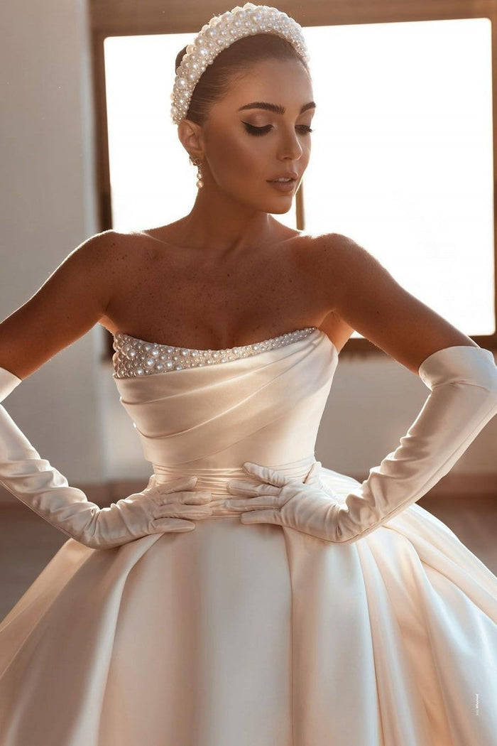 Vintage Ball Gown Strapless Satin Beaded With Sleeves Long Wedding Dresses C3996 main image 0