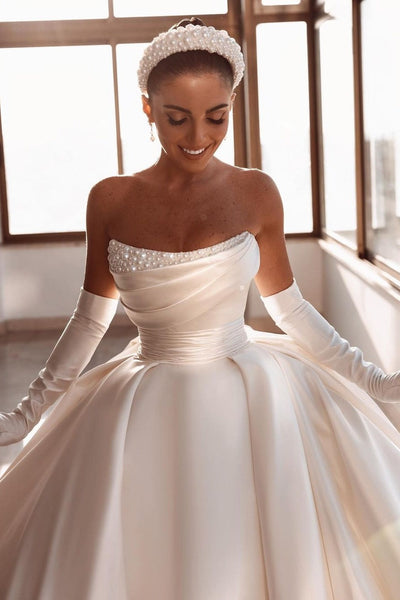Dreamy Ball Gown Strapless Satin Beaded Long Wedding Dresses C4228