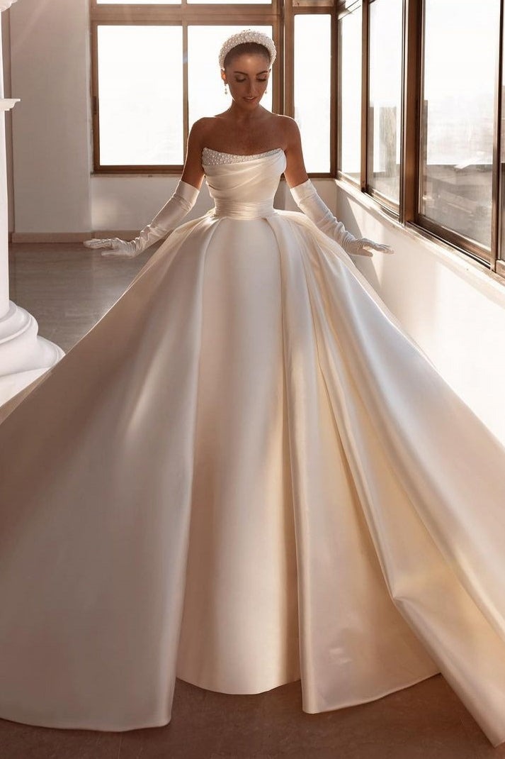Gorgeous Long Ball Gown Strapless Satin Wedding Dress With Beadings Online-showprettydress