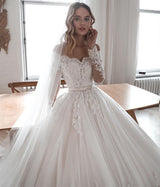 Gorgeous Long Ball Gowns Lace Tulle Wedding Dresses with Sleeves-showprettydress
