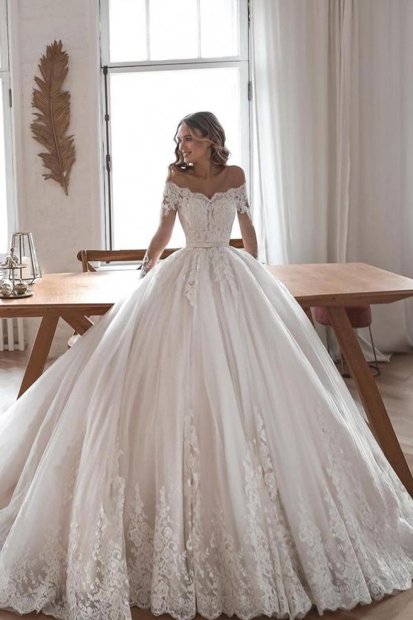 Gorgeous Long Ball Gowns Lace Tulle Wedding Dresses with Sleeves-showprettydress