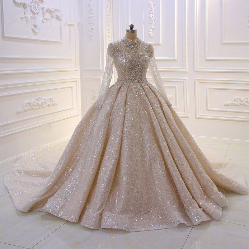 Gorgeous Long High neck Sequin Satin Ball Gown Wedding Dress with Sleeves-showprettydress