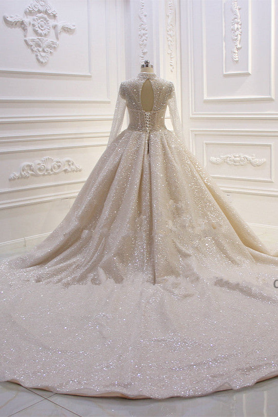 Gorgeous Long High neck Sequin Satin Ball Gown Wedding Dress with Sleeves-showprettydress