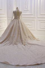 Gorgeous Long High neck Sequin Satin Ball Gown Wedding Dress with Sleeves-showprettydress