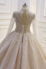 Gorgeous Long High neck Sequin Satin Ball Gown Wedding Dress with Sleeves-showprettydress