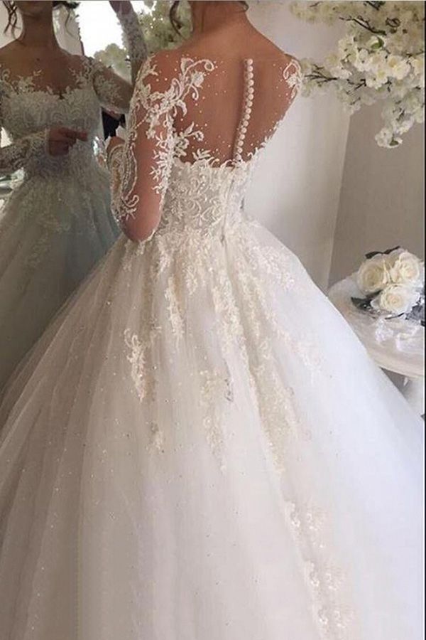 Gorgeous Long Ivory A-line Tulle Lace Wedding Dresses with Sleeves-showprettydress