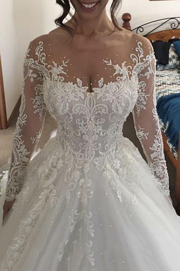 Gorgeous Long Ivory A-line Tulle Lace Wedding Dresses with Sleeves-showprettydress