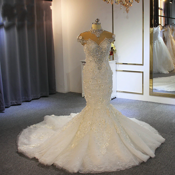 Gorgeous Long Mermaid High Neck Appliques Lace Crystal Tulle Wedding Dress-showprettydress