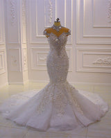 Gorgeous Long Mermaid High Neck Appliques Lace Crystal Tulle Wedding Dress-showprettydress
