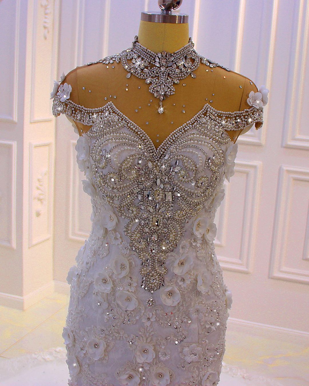 Gorgeous Long Mermaid High Neck Appliques Lace Crystal Tulle Wedding Dress-showprettydress