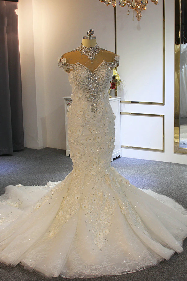 Gorgeous Long Mermaid High Neck Appliques Lace Crystal Tulle Wedding Dress-showprettydress
