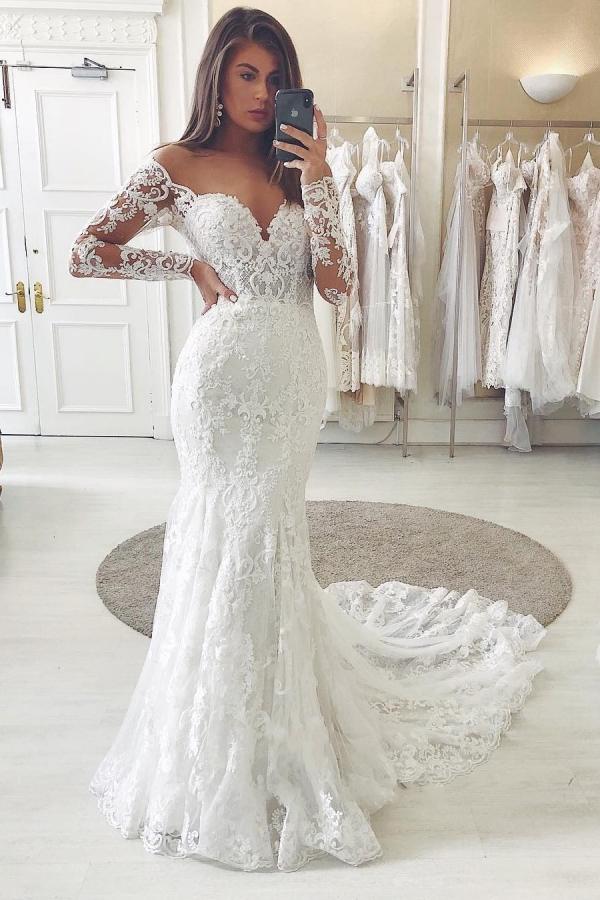 Gorgeous Long Mermaid Off-the-shoulder Lace Wedding Dress with Sleeves-showprettydress